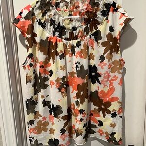Calvin Klein Pink, yellow and Brown floral Smocked Flutter Sleeve Blouse sz XL